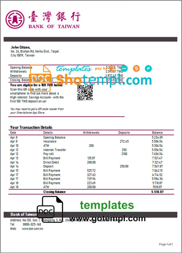 Taiwan Bank of Taiwan bank statement template in Word and PDF format