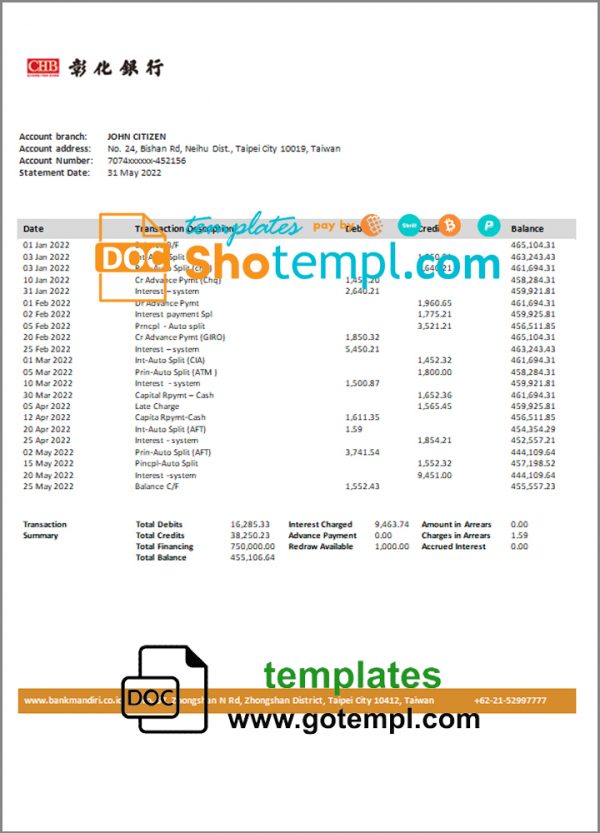 Taiwan Chang Hwa Bank statement template in Word and PDF format