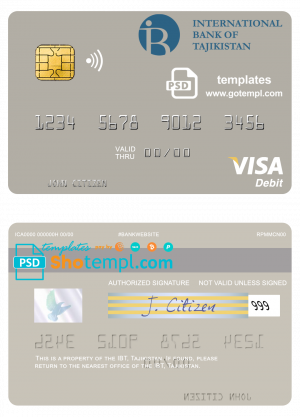 Tajikistan IBT Bank visa debit card template in PSD format