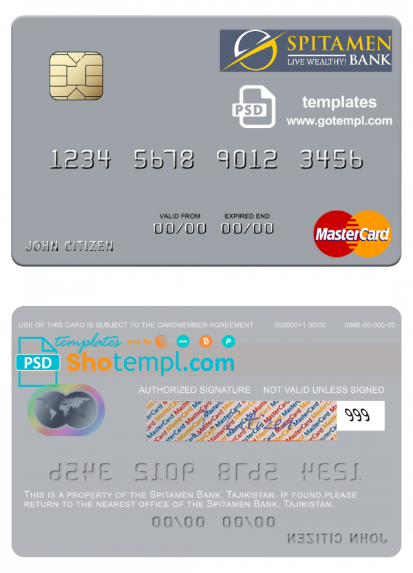 Tajikistan Spitamen Bank mastercard template in PSD format