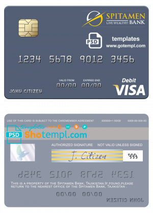 Tajikistan Spitamen Bank visa debit card template in PSD format