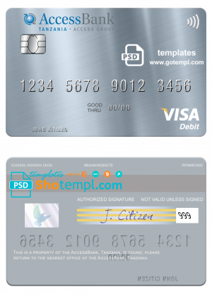 Tanzania AccessBank visa debit card template in PSD format