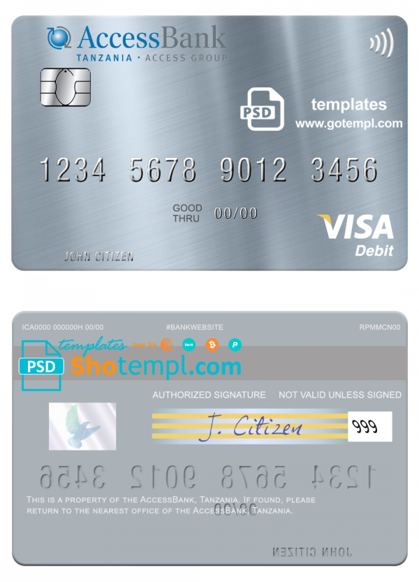 Tanzania AccessBank visa debit card template in PSD format