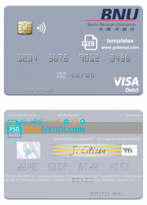 Timor-Leste Banco Nacional Ultramarino building visa debit card template in PSD format