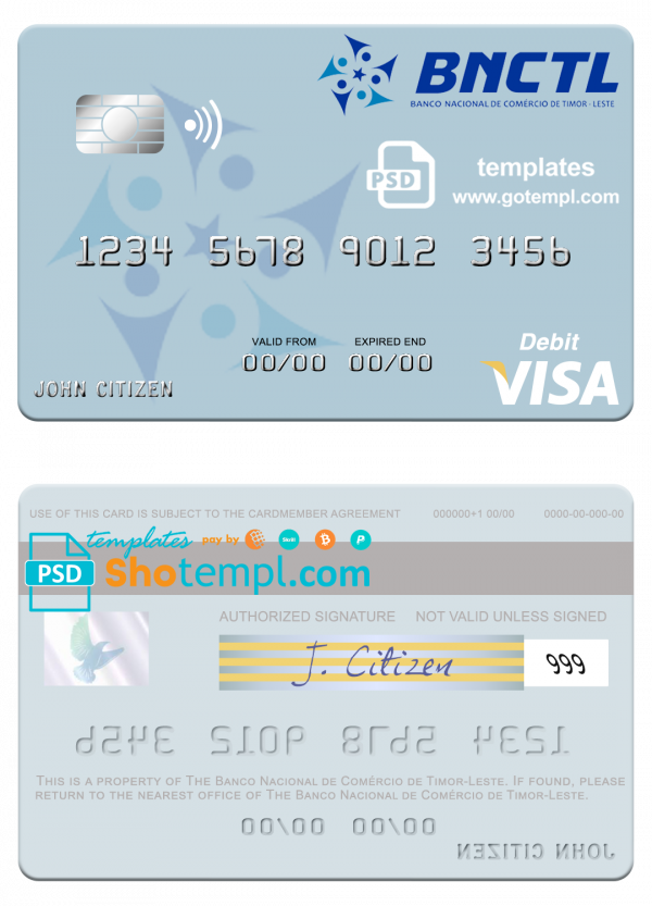 Timor-Leste Banco Nacional de Comércio de Timor-Leste visa debit card template in PSD format