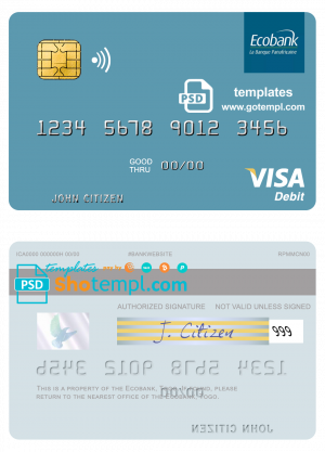 Togo Ecobank visa debit card template in PSD format