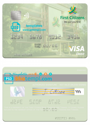Trinidad and Tobago First Citizes Bank visa debit card template in PSD format