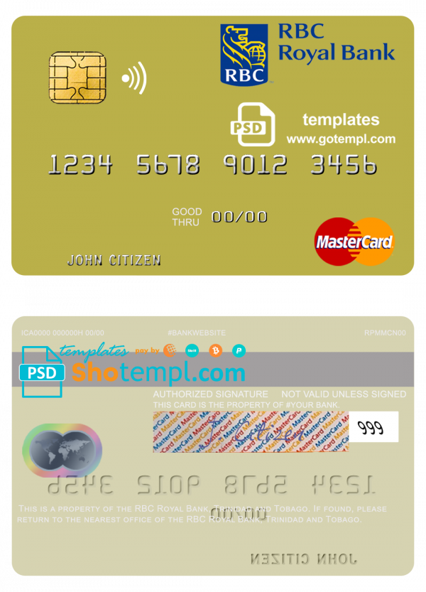 Trinidad and Tobago RBC Royal Bank mastercard template in PSD format