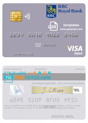 Trinidad and Tobago RBC Royal Bank visa debit card template in PSD format