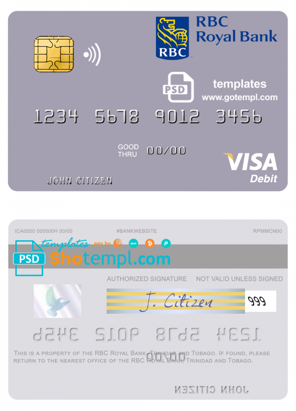 Trinidad and Tobago RBC Royal Bank visa debit card template in PSD format