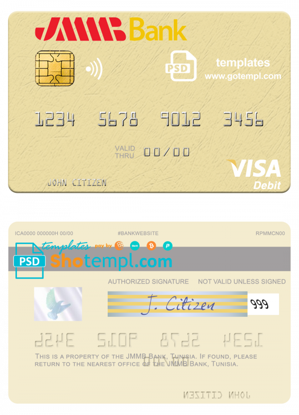 Tunisia JMMB Bank visa debit card template in PSD format