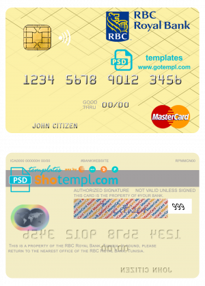 Tunisia RBC Royal Bank mastercard template in PSD format