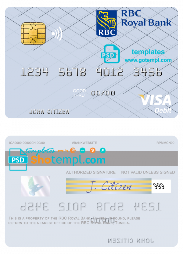 Tunisia RBC Royal Bank visa debit card template in PSD format