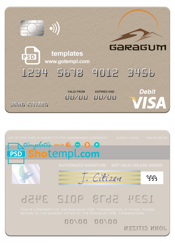 Turkmenistan Garagum IJSB visa debit card template in PSD format