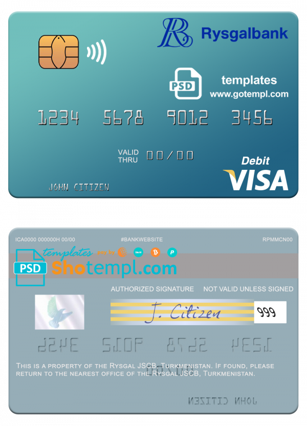 Turkmenistan Rysgal JSCB visa debit card template in PSD format