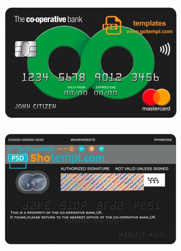 United Kingdom The Co-operative bank mastercard credit card template in PSD format