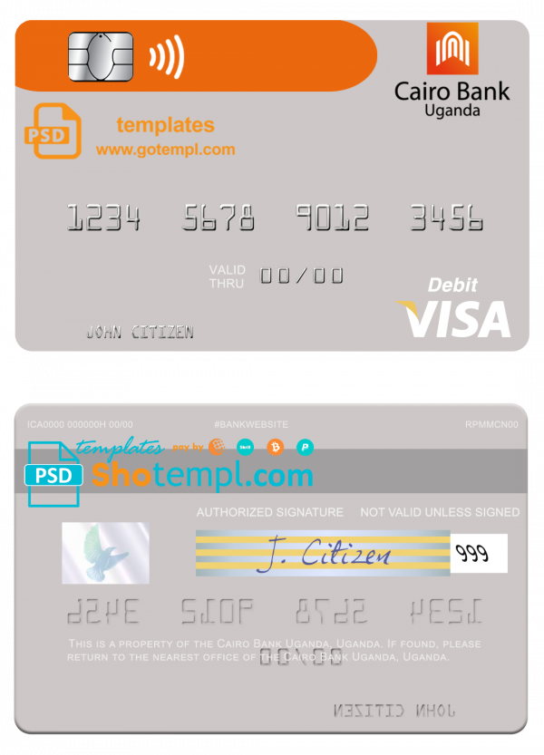 Uganda Cairo Bank Uganda visa debit card template in PSD format
