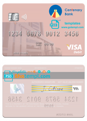 Uganda Centenary Bank visa debit card template in PSD format