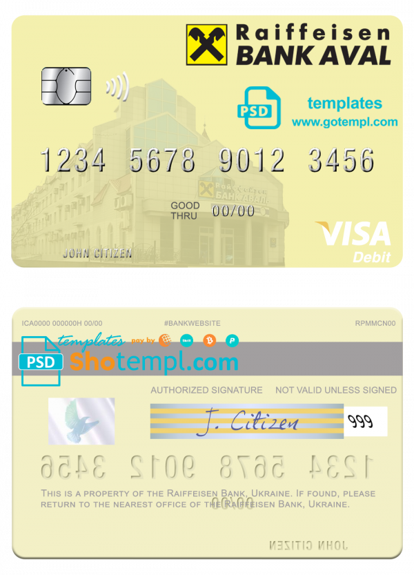 Ukraine Raiffeisen Bank visa debit card template in PSD format