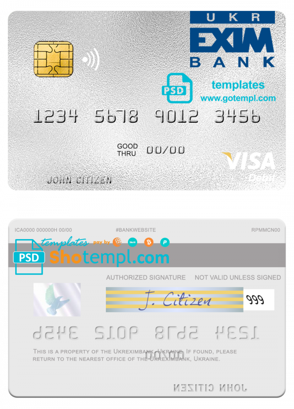 Ukraine Ukreximbank visa debit card template in PSD format