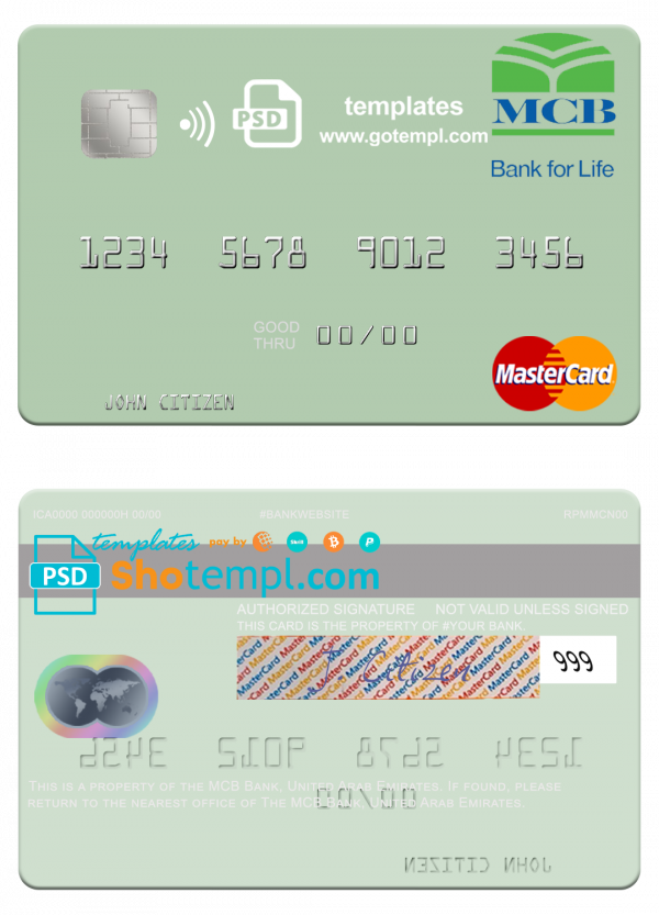 United Arab Emirates MCB Bank mastercard template in PSD format