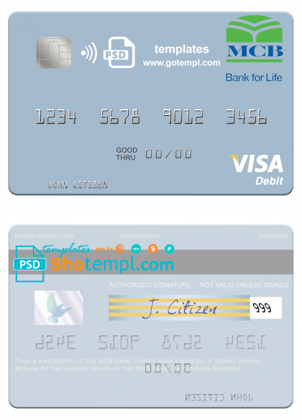 United Arab Emirates MCB Bank visa debit card template in PSD format