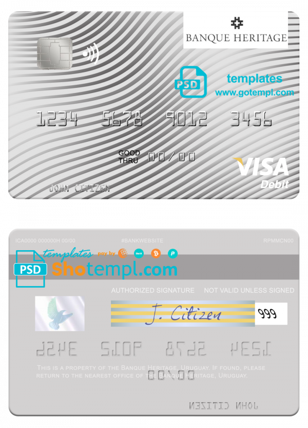 Uruguay Banque Heritage visa debit card template in PSD format