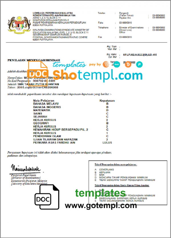 Malaysia Ministry of Education certificate template in Word and PDF format