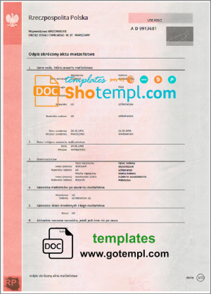 Poland marriage certificate template in Word and PDF format