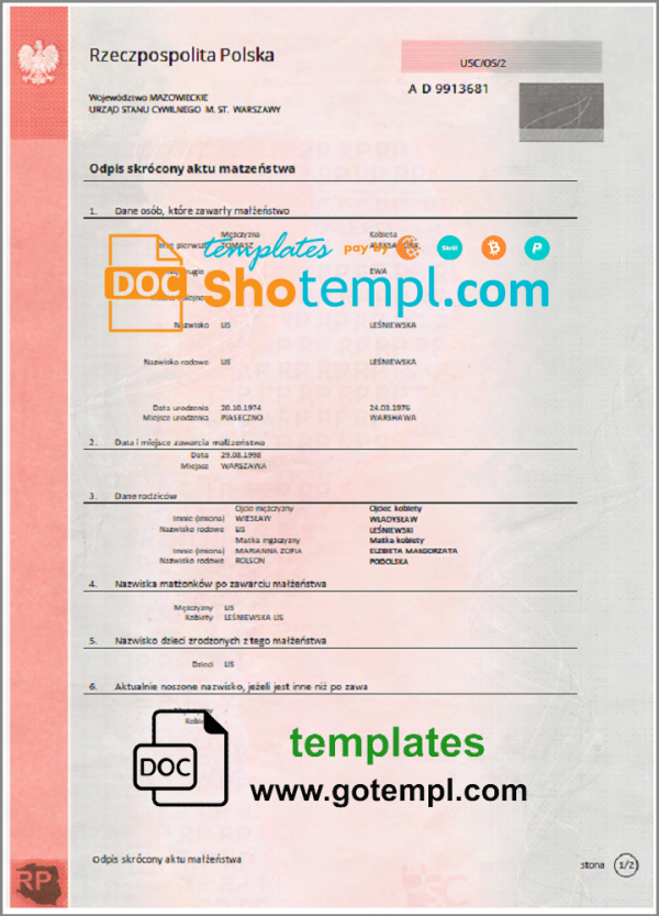 Poland marriage certificate template in Word and PDF format