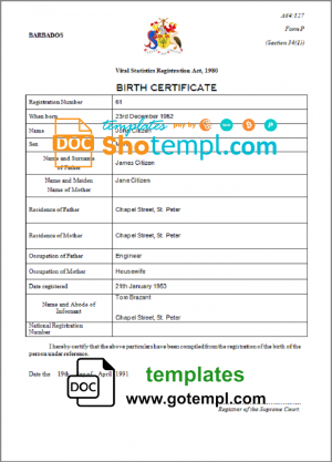 Barbados birth certificate template in Word and PDF format
