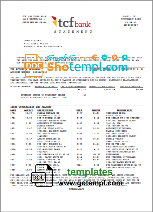 USA TCF Bank bank statement template in Word and PDF format