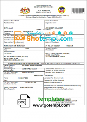 Malaysia death certificate template in Word and PDF format