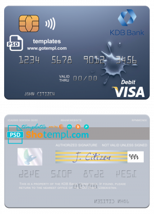 Uzbekistan KDB Bank visa debit card template in PSD format