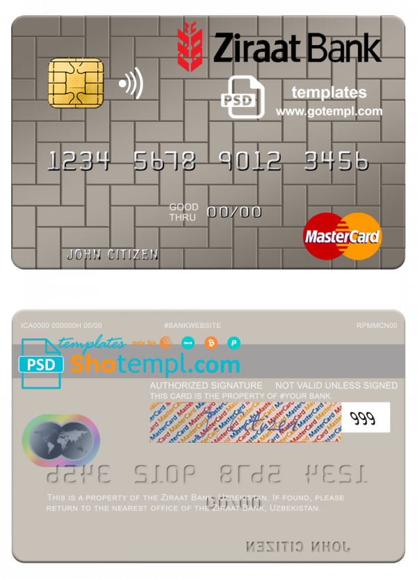 Uzbekistan Ziraat Bank mastercard template in PSD format