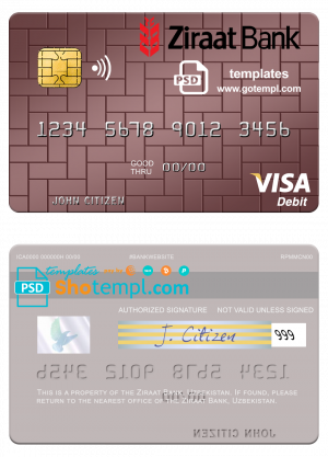 Uzbekistan Ziraat Bank visa debit card template in PSD format