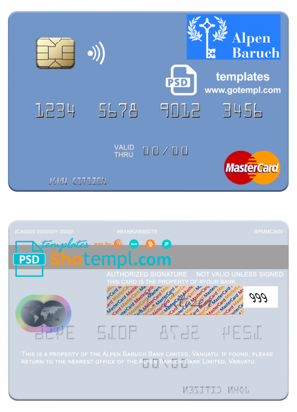 Vanuatu Alpen Baruch Bank Limited mastercard template in PSD format