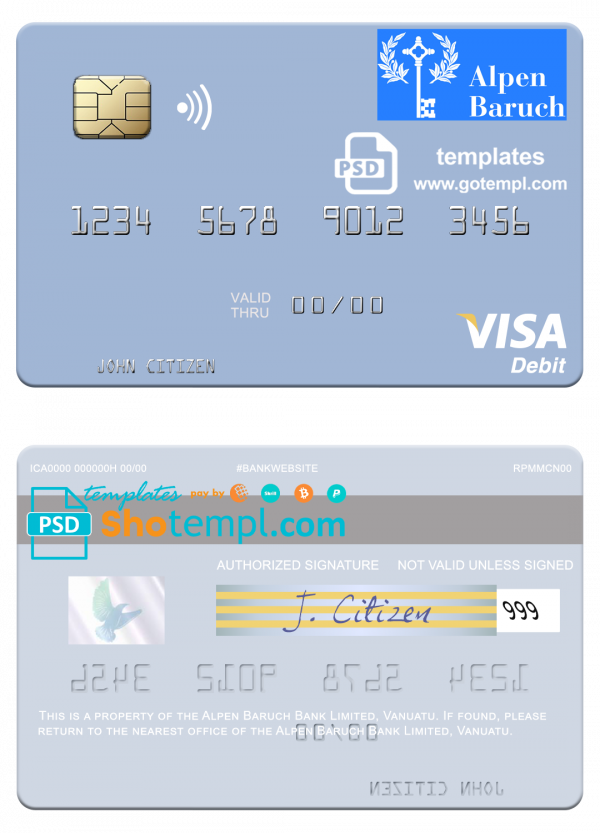 Vanuatu Alpen Baruch Bank Limited visa debit card template in PSD format