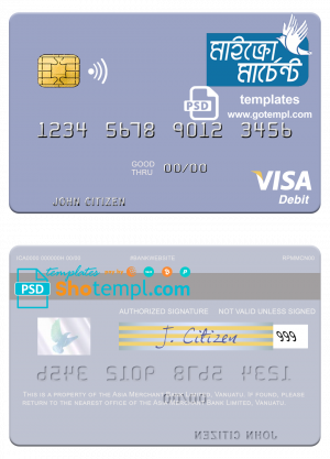 Vanuatu Asia Merchant Bank Limited visa debit card template in PSD format