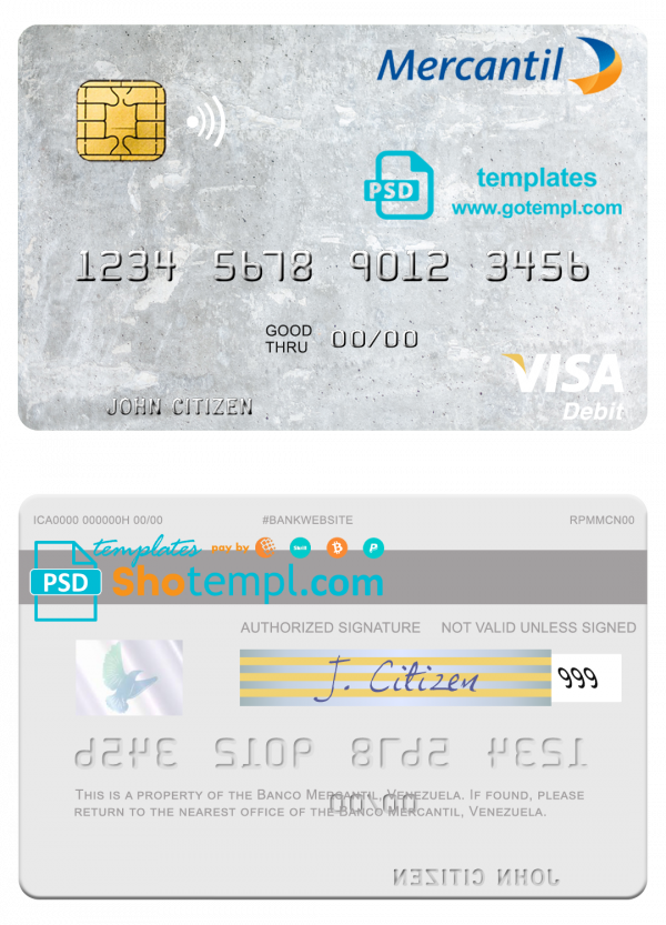Venezuela Banco Mercantil visa debit card template in PSD format