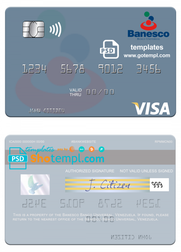 Venezuela Banesco Banco Universal visa debit card template in PSD format