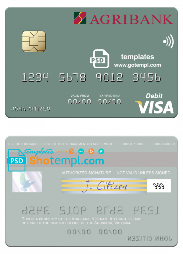 Vietnam Agribank visa debit card template in PSD format