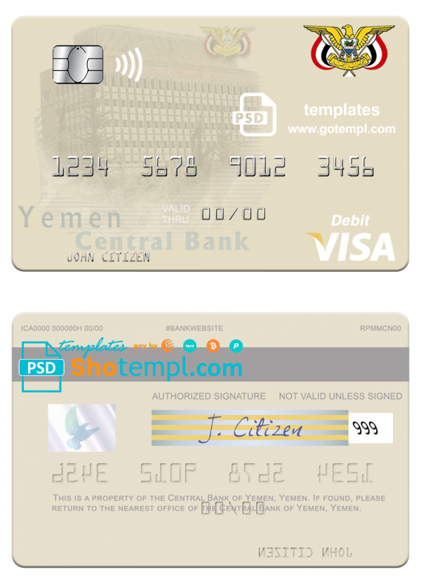 Yemen Central Bank of Yemen visa debit card template in PSD format