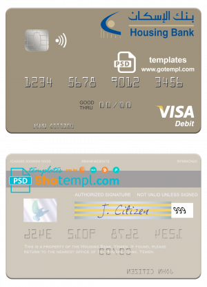 Yemen Housing Bank visa debit card template in PSD format