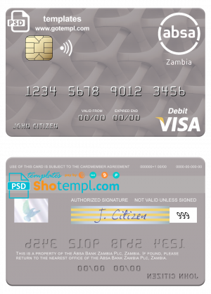 Zambia Absa Bank Zambia Plc visa debit card template in PSD format
