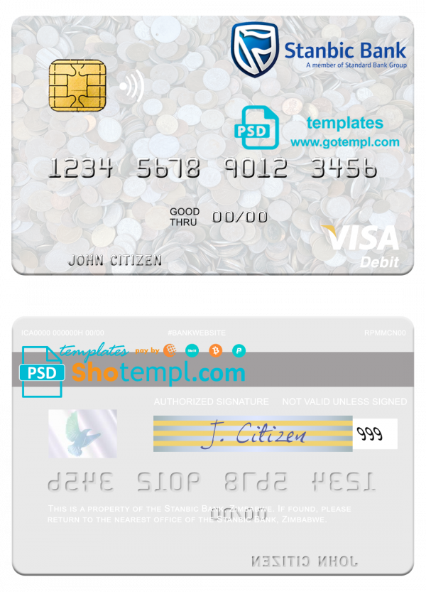 Zimbabwe Stanbic Bank visa debit card template in PSD format