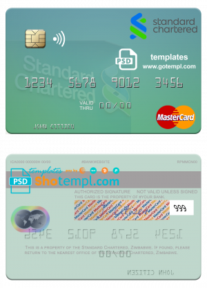 Zimbabwe Standard Chartered mastercard credit card template in PSD format