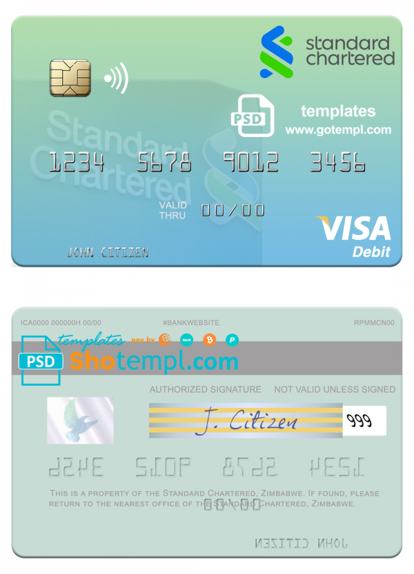 Zimbabwe Standard Chartered visa debit credit card template in PSD format
