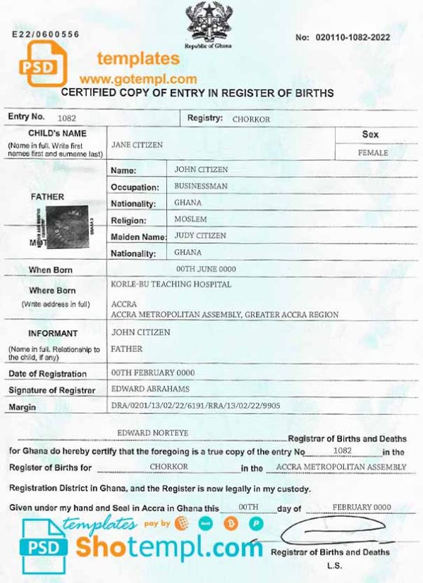 Ghana birth certificate template in PSD format, fully editable