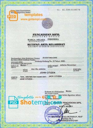 Indonesia birth certificate template in PSD format, fully editable